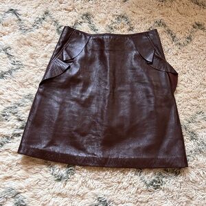 Sandro Chocolate Brown Leather Mini Skirt with Ruffles